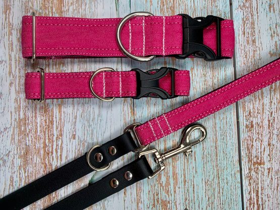 Fuchsia Pink Denim Dog Collar & Lead